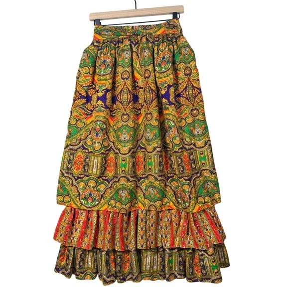 Vintage 70s Magnin Paisley Tiered Maxi Skirt Boho Peasant Prairie Cottagecore - Picture 2 of 3